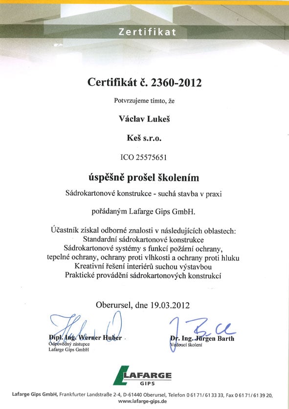 Certifikát Sádrokartony KEŠ