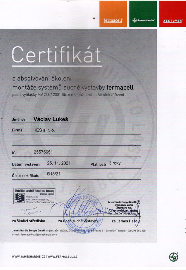 Certifikát Sádrokartony KEŠ